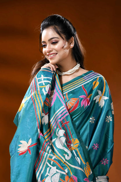 Sea green silk kantha stitch saree with swan lotus nature design 2