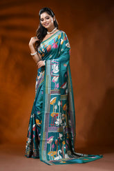 Sea green silk kantha stitch saree with swan lotus nature design 3