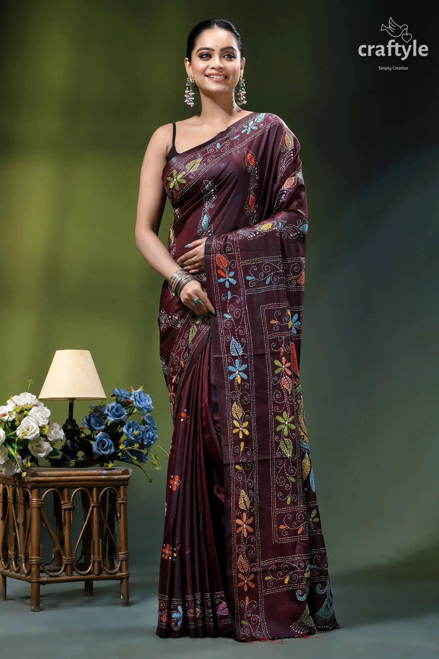 Seal brown silk kantha stitch saree - multi-thread floral design maroon silk saree adorned intricate 1