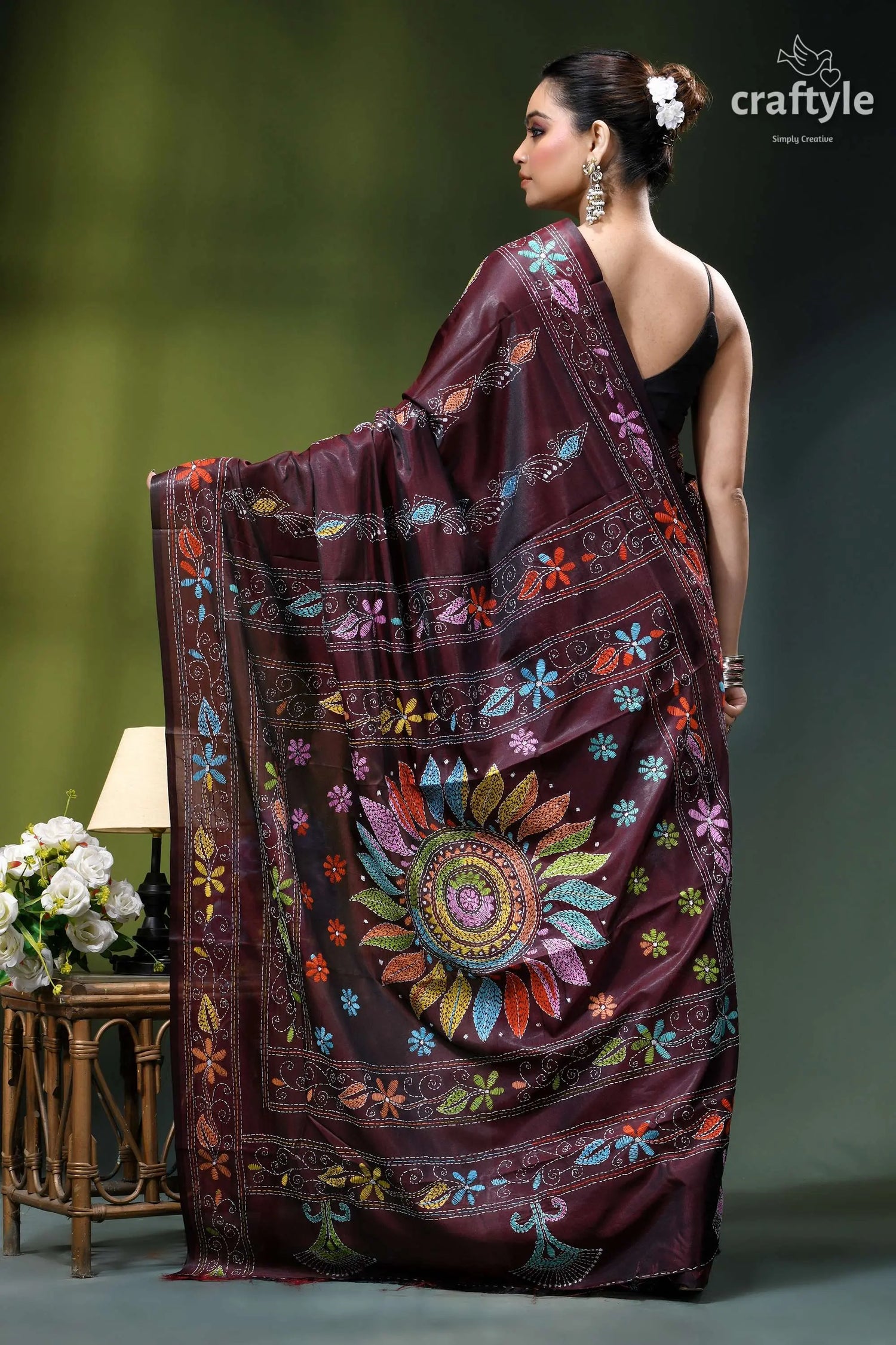 Seal brown silk kantha stitch saree - multi-thread floral design maroon silk saree adorned intricate 6