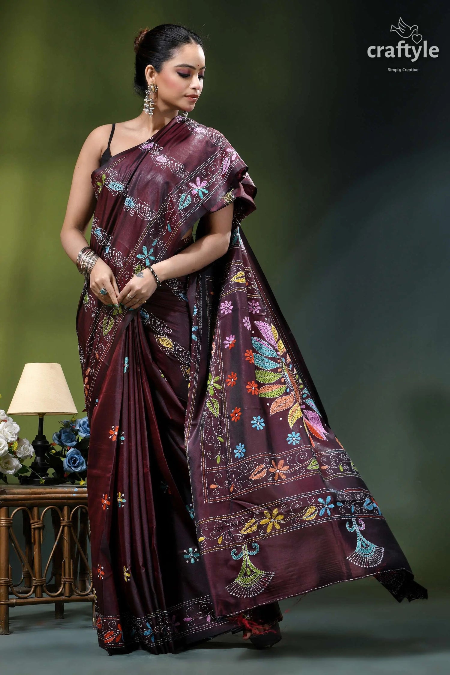 Seal brown silk kantha stitch saree - multi-thread floral design maroon silk saree adorned vibrant 4