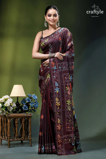 Seal brown silk kantha stitch saree - multi-thread floral design maroon silk saree adorned intricate 2