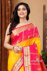 Selective yellow and magenta kanjivaram silk saree pink yellow saree 2