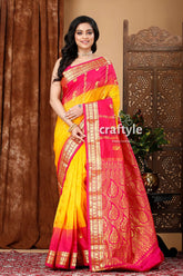 Selective yellow and magenta kanjivaram silk saree yellow pink silk saree 1