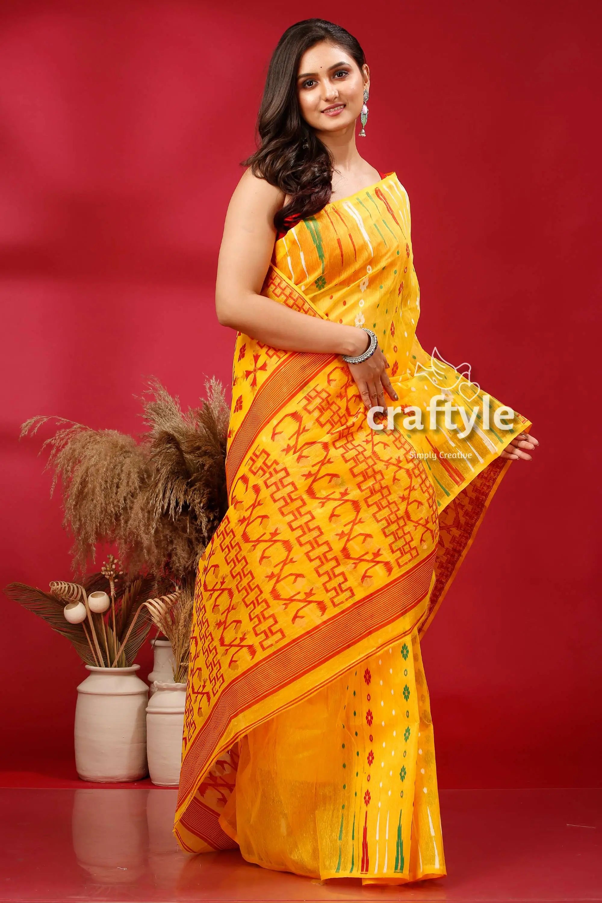 Selective yellow and red graceful jamdani saree woman yellow saree 4