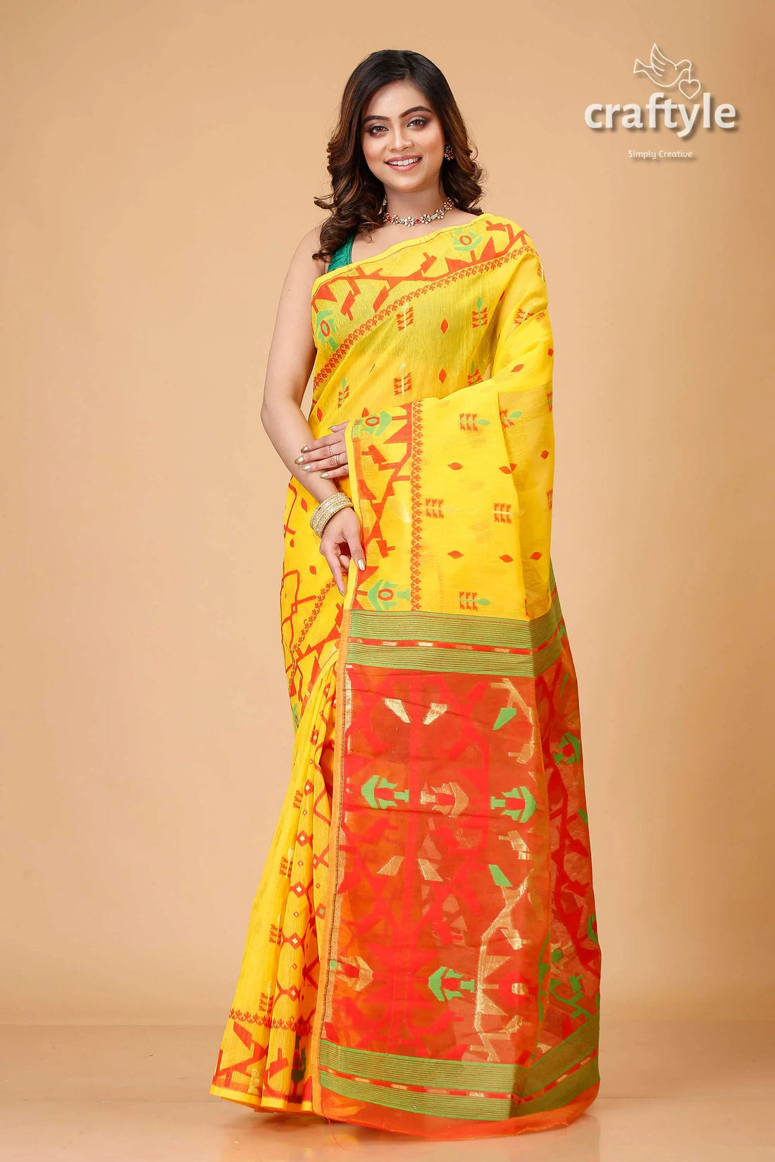 Selective yellow exclusive jamdani saree yellow red patterned saree 1