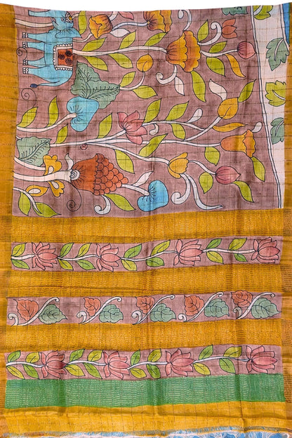 Sepia tan &amp; blue hand painted zari border pure tussar kalamkari sari floral animal patterned saree 5