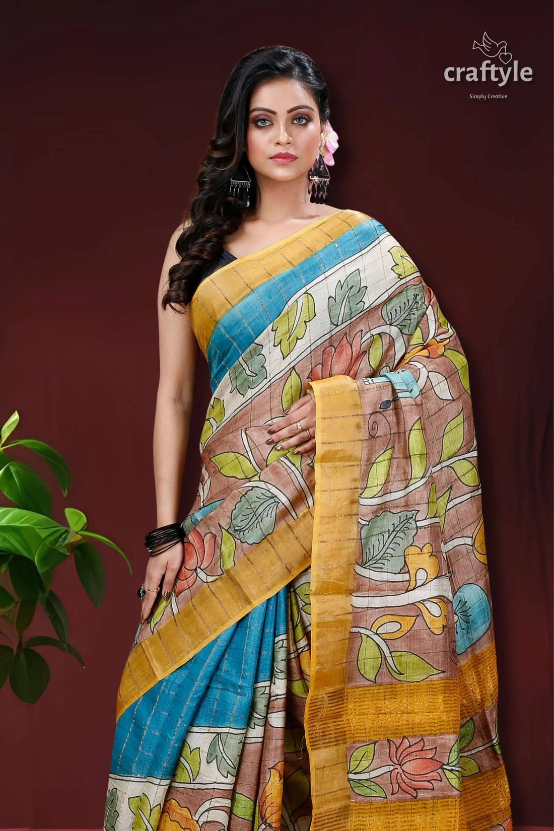 Sepia tan & blue hand painted zari border pure tussar kalamkari sari floral-patterned saree golden border 2
