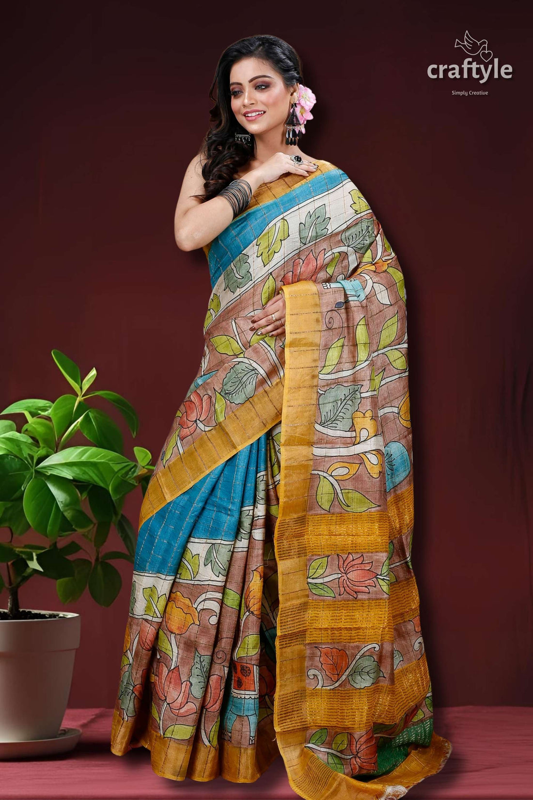Sepia Tan &amp; Blue Hand Painted Zari Border Pure Tussar Kalamkari Sari-Craftyle