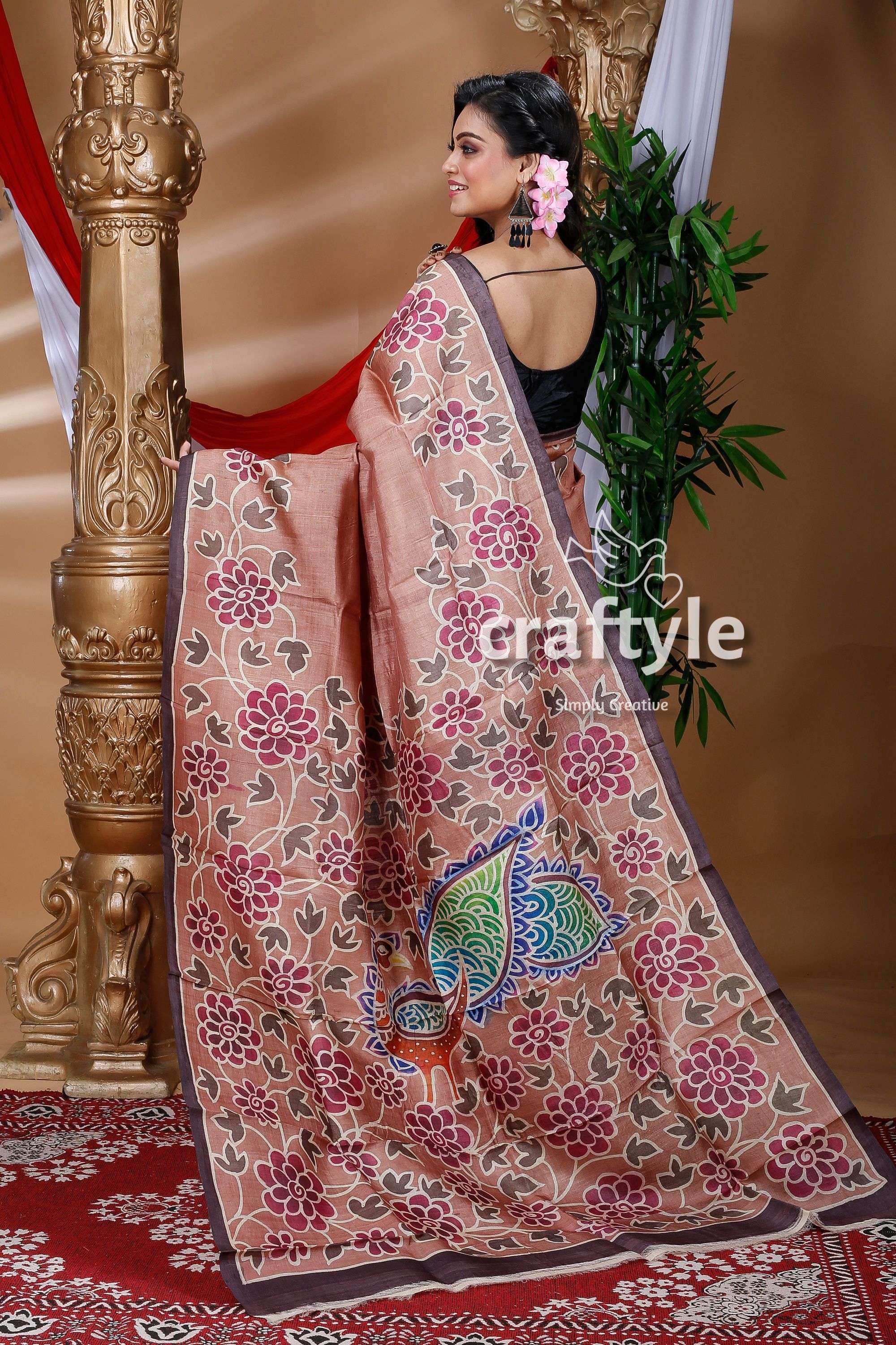 Sepia Tan Color Hand Painted Pure Tussar Saree - Craftyle