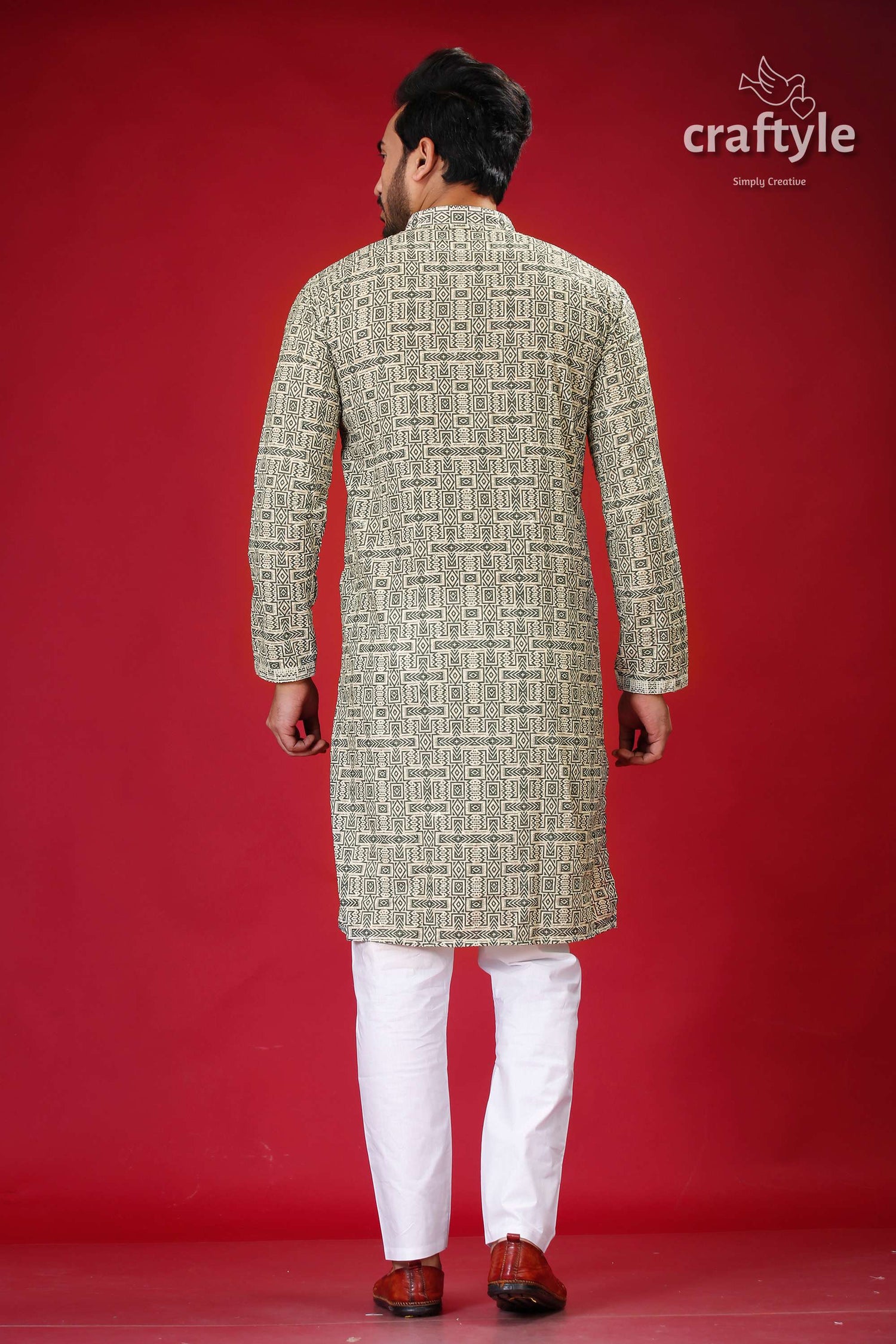 Sequin Embellished Dark Olive Green-Westar Embroidery Kurta for Men - Craftyle