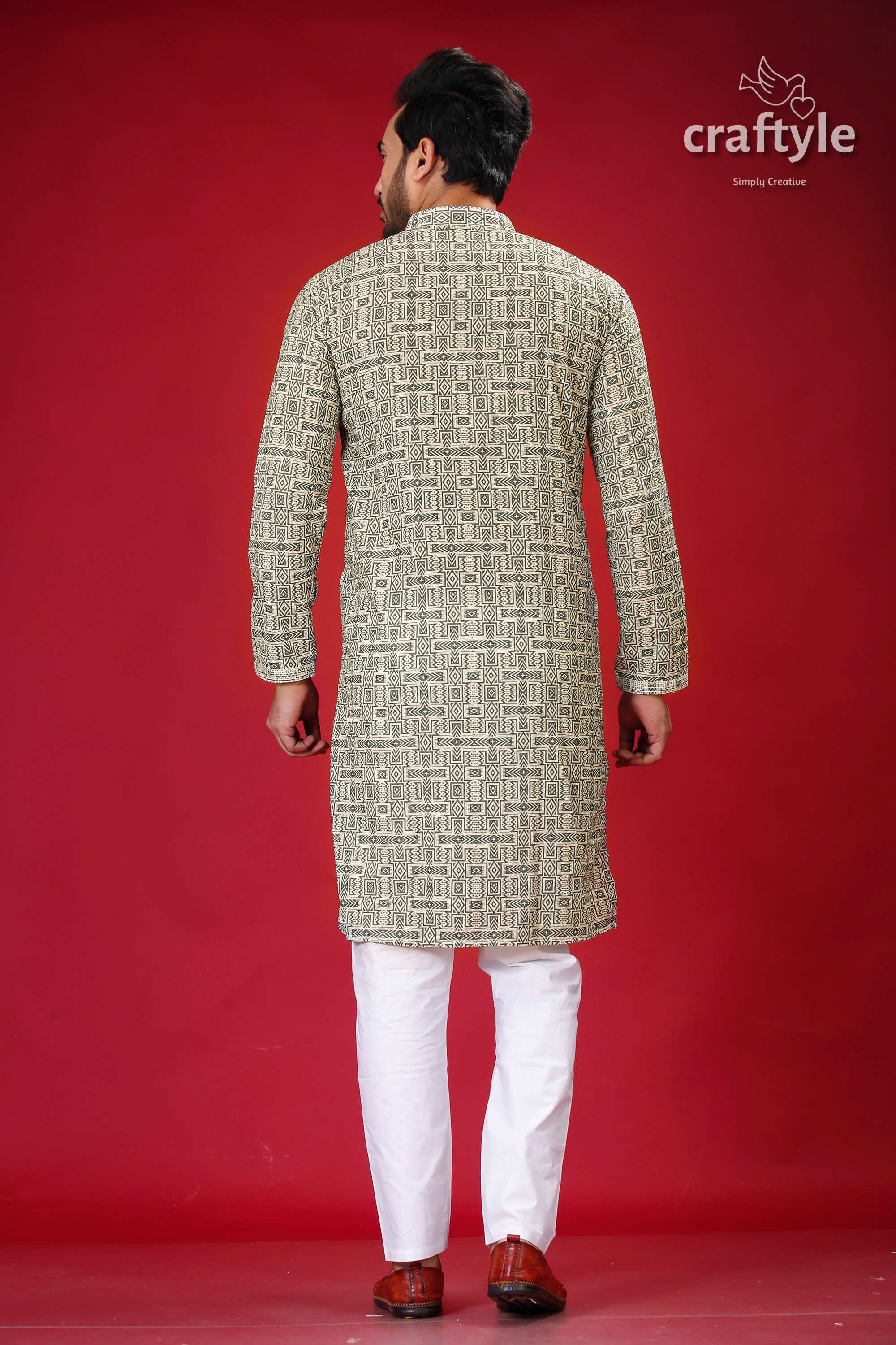 Sequin Embellished Dark Olive Green-Westar Embroidery Kurta for Men - Craftyle