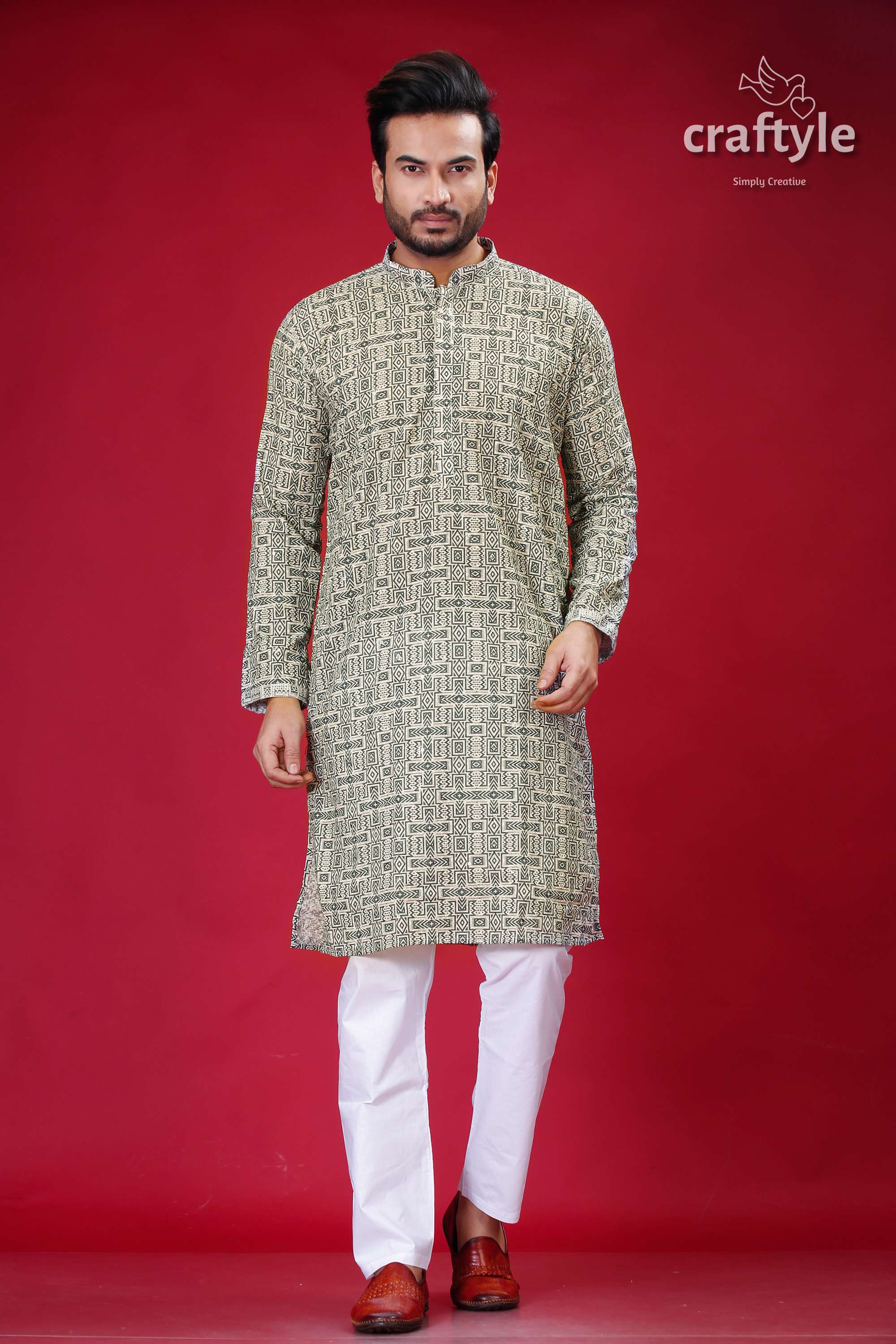 Sequin Embellished Dark Olive Green-Westar Embroidery Kurta for Men - Craftyle