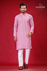 Sequin-Embellished Lavender Pink Chikankari Kurta for Men - Craftyle