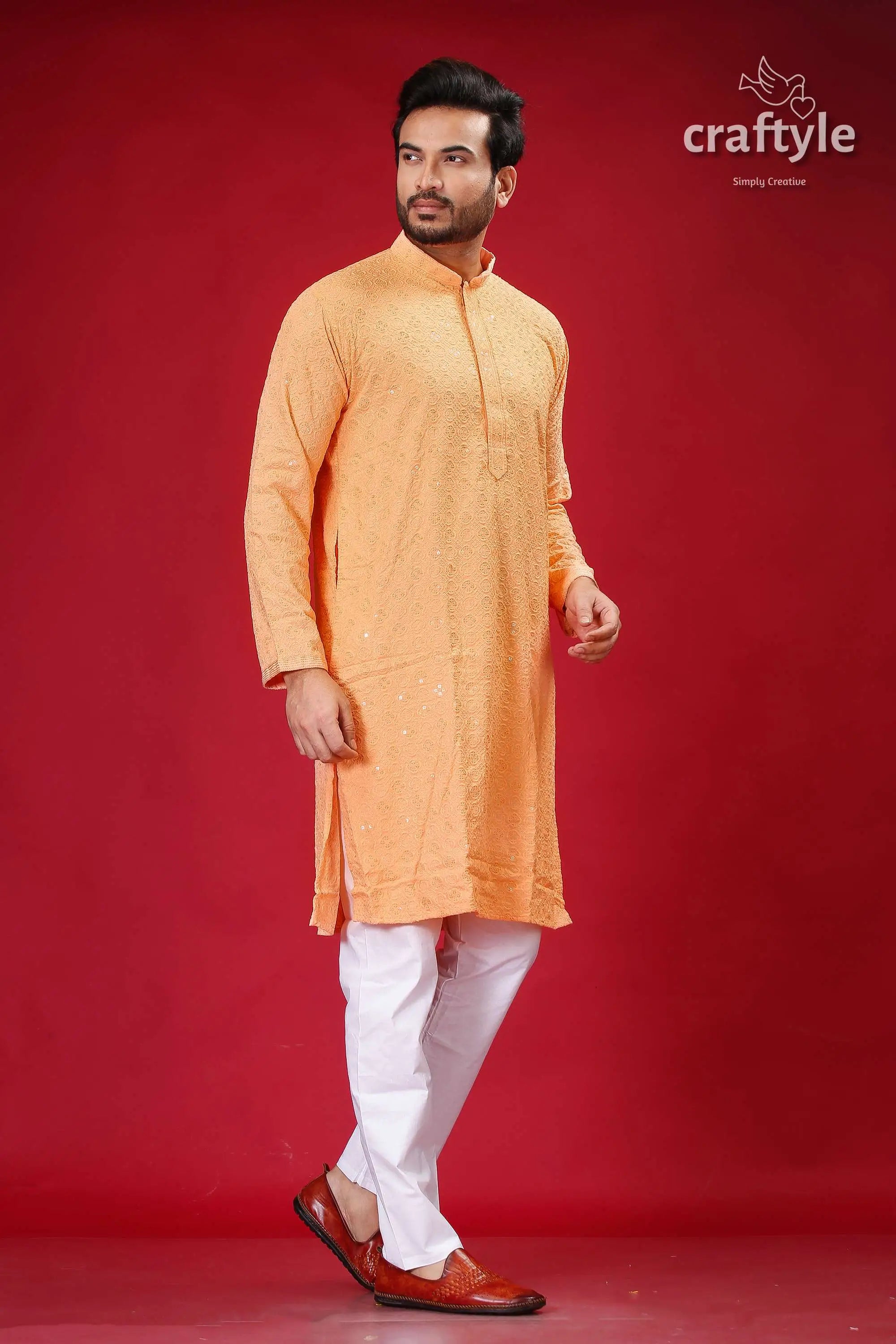 Sequin embellished peach chikankari panjabi for men man orange kurta white pants 3