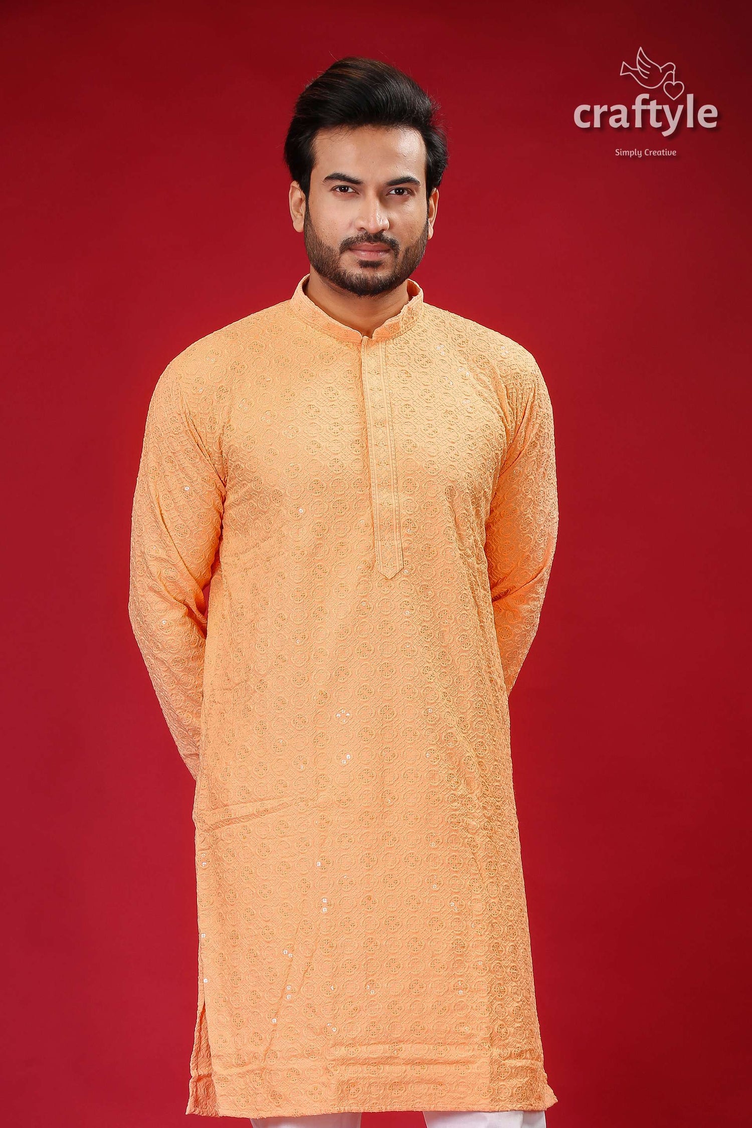 Sequin-Embellished Peach Chikankari Panjabi for Men - Craftyle
