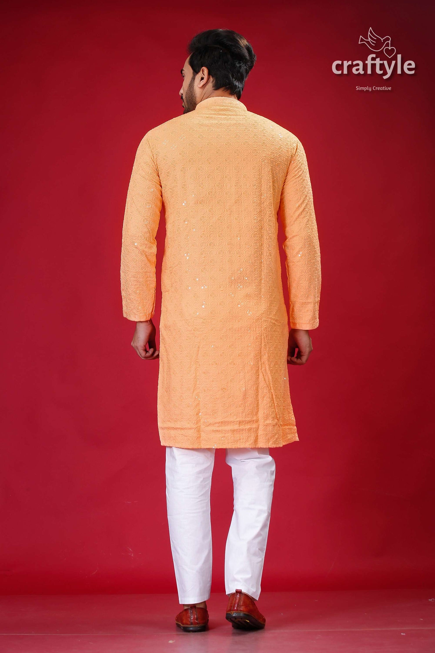 Sequin-Embellished Peach Chikankari Panjabi for Men - Craftyle