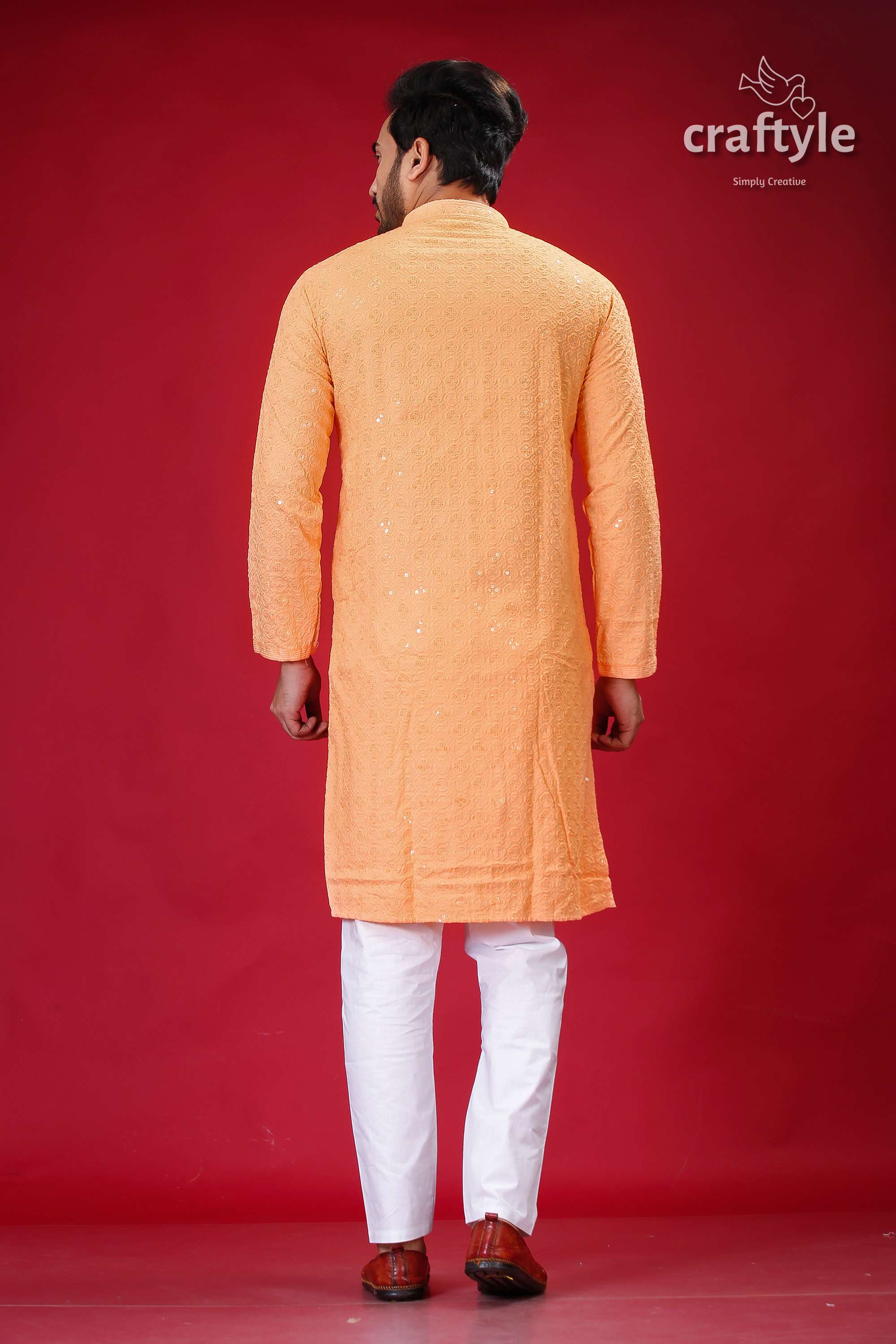 Sequin-Embellished Peach Chikankari Panjabi for Men - Craftyle