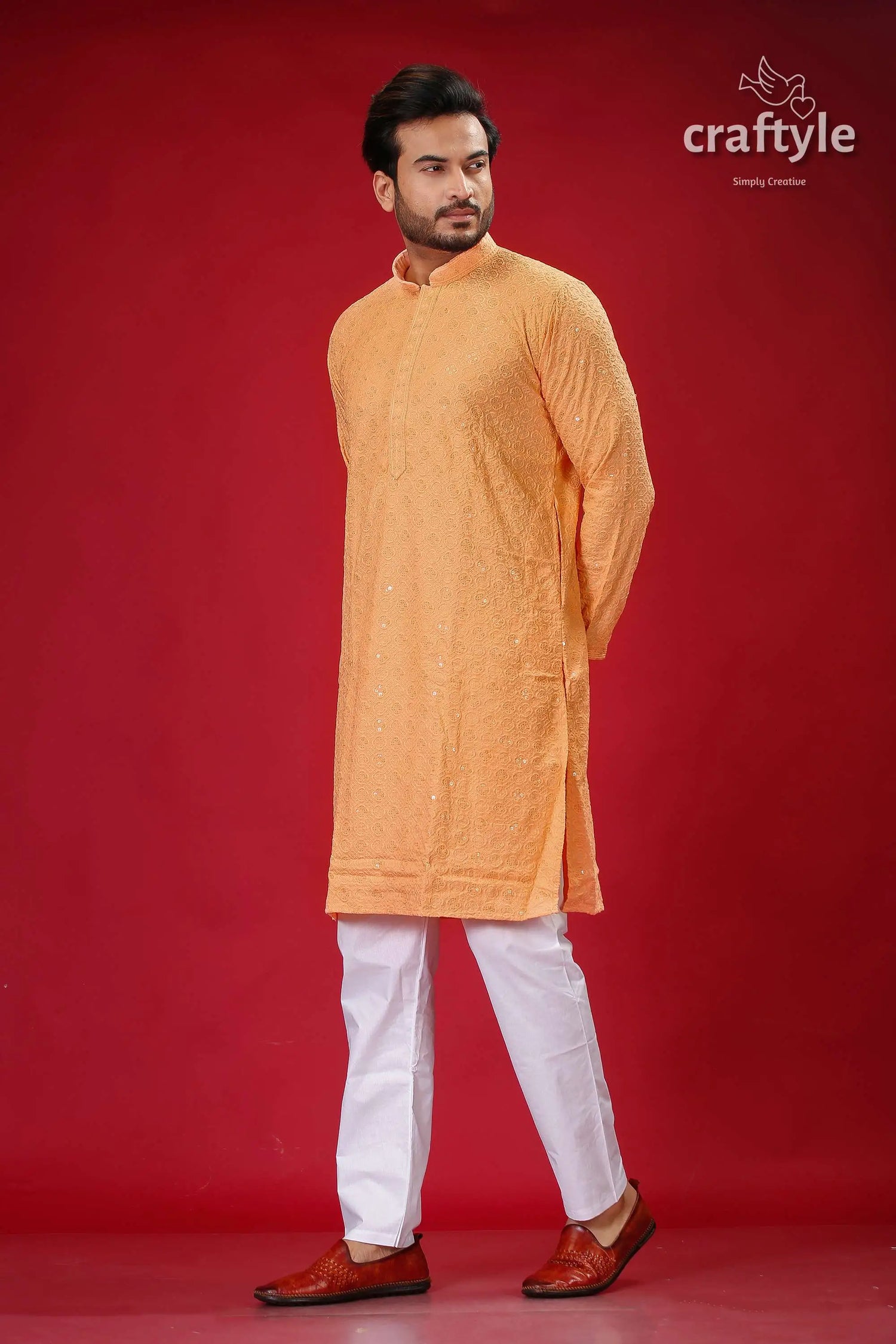 Sequin embellished peach chikankari panjabi for men man orange kurta white pants 4