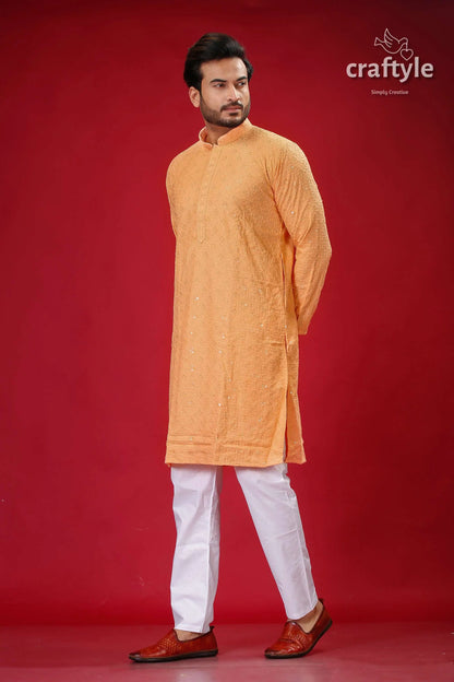 Sequin embellished peach chikankari panjabi for men man orange kurta white pants 4