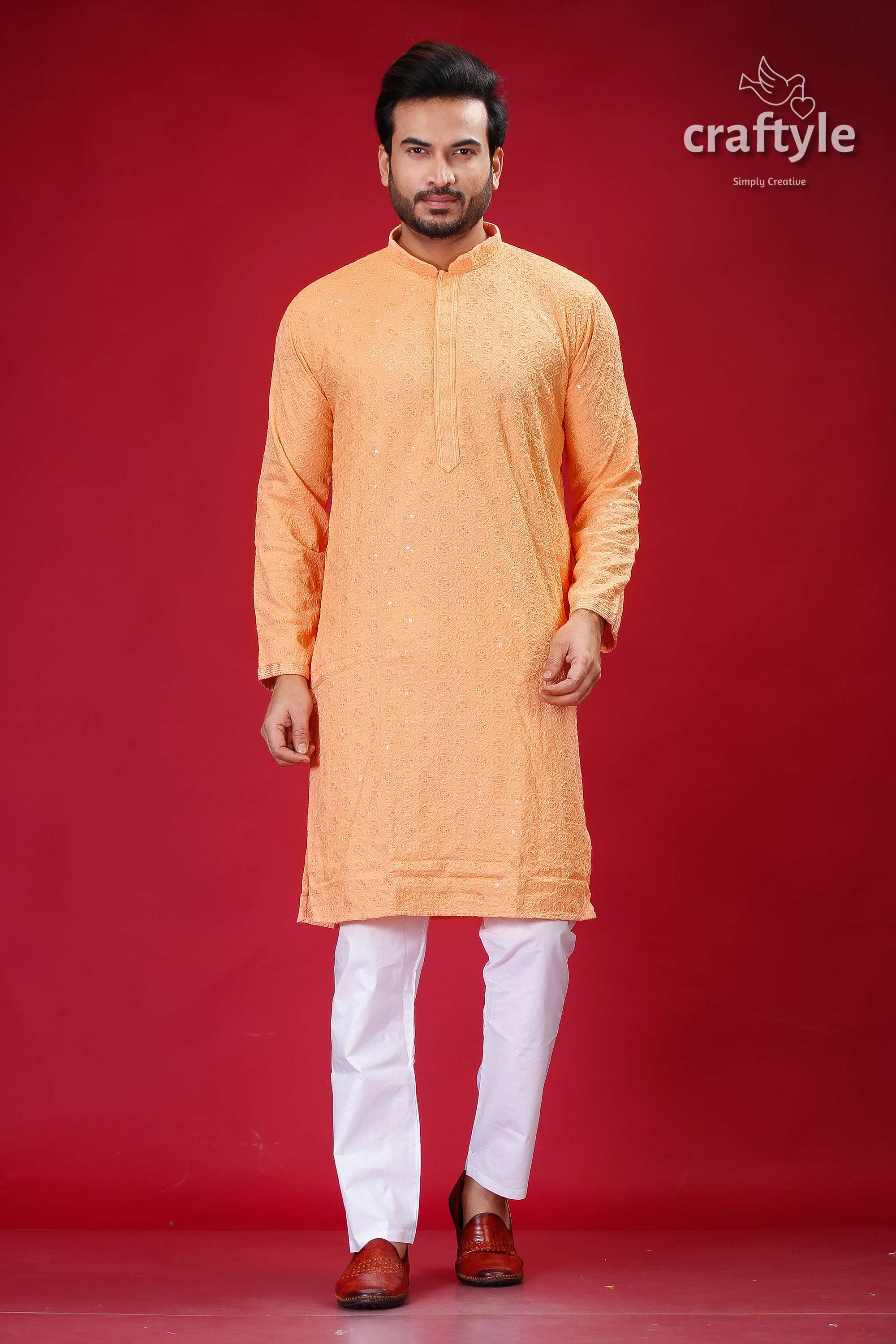Sequin-Embellished Peach Chikankari Panjabi for Men - Craftyle
