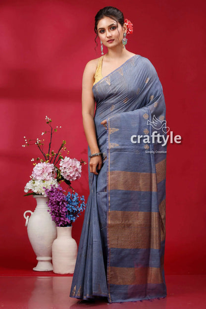 Shadow blue bhagalpuri silk saree with golden zari weaving - soft ghicha woman blue saree 3