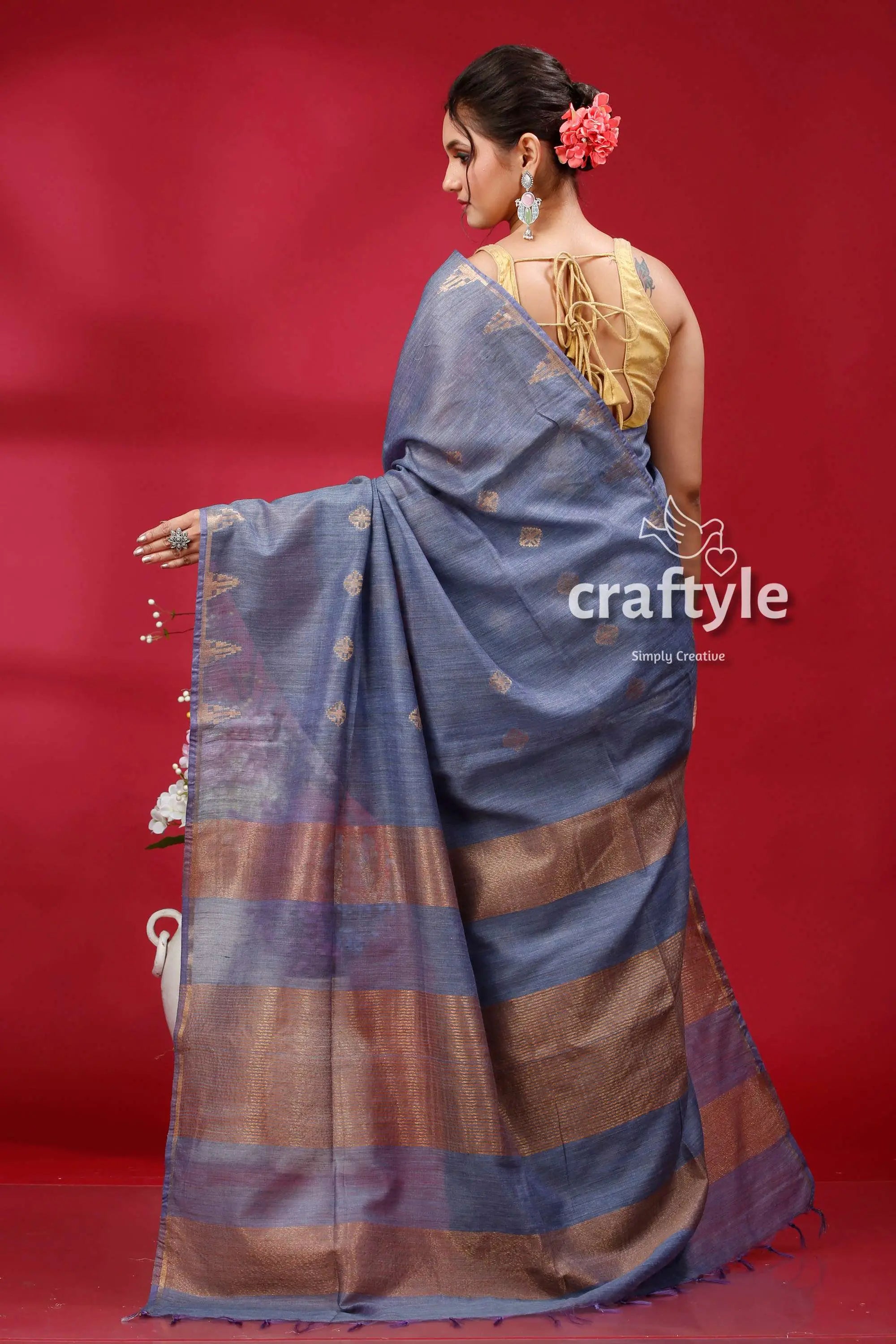 Shadow blue bhagalpuri silk saree with golden zari weaving - soft ghicha blue saree gold accents 5