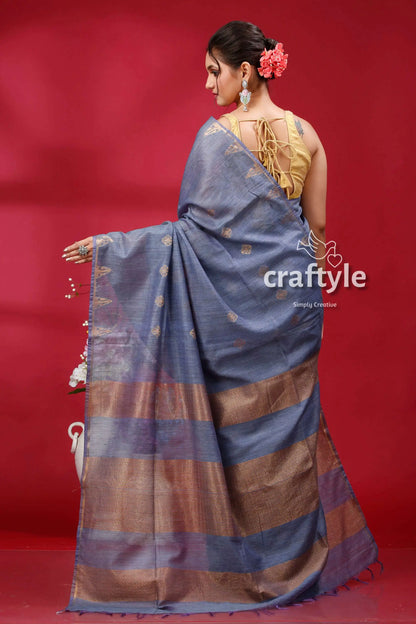 Shadow blue bhagalpuri silk saree with golden zari weaving - soft ghicha blue saree gold accents 5