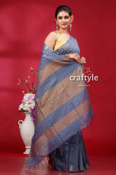 Shadow blue bhagalpuri silk saree with golden zari weaving - soft ghicha woman striped saree 4