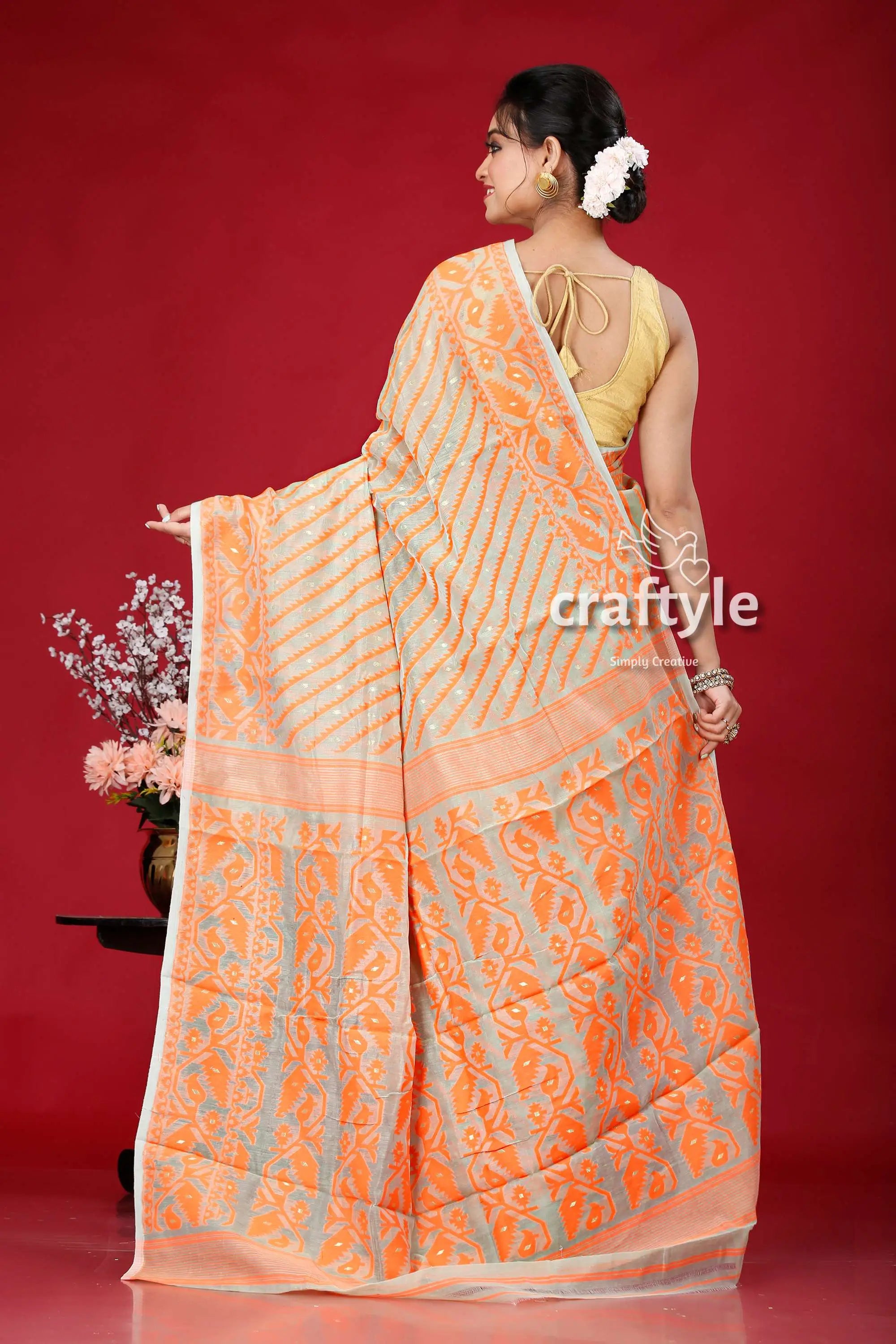 Shadow green and orange elegant jamdani saree for women woman patterned saree 5