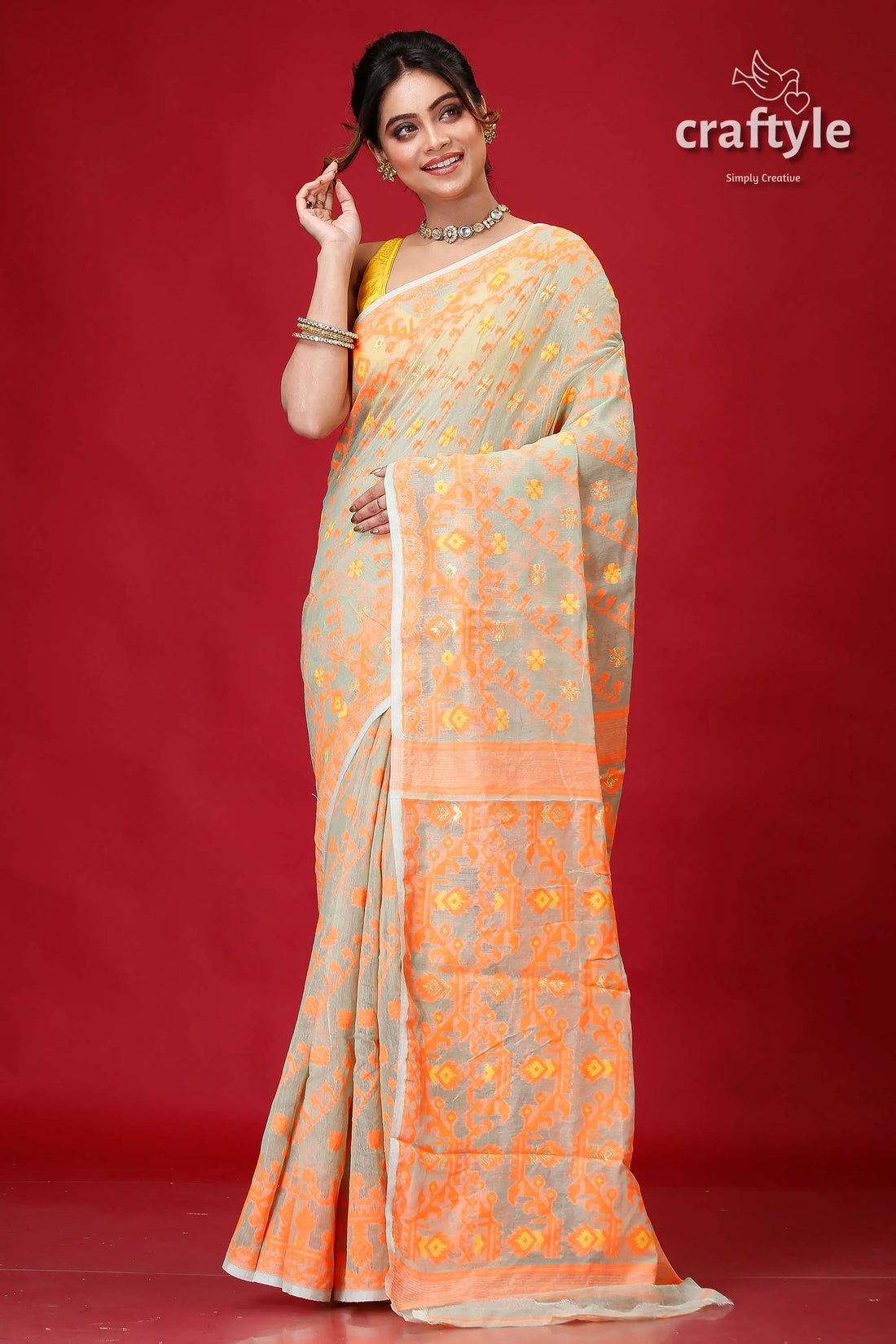 Shadow green bengal handloom soft jamdani saree woman beige orange saree 1