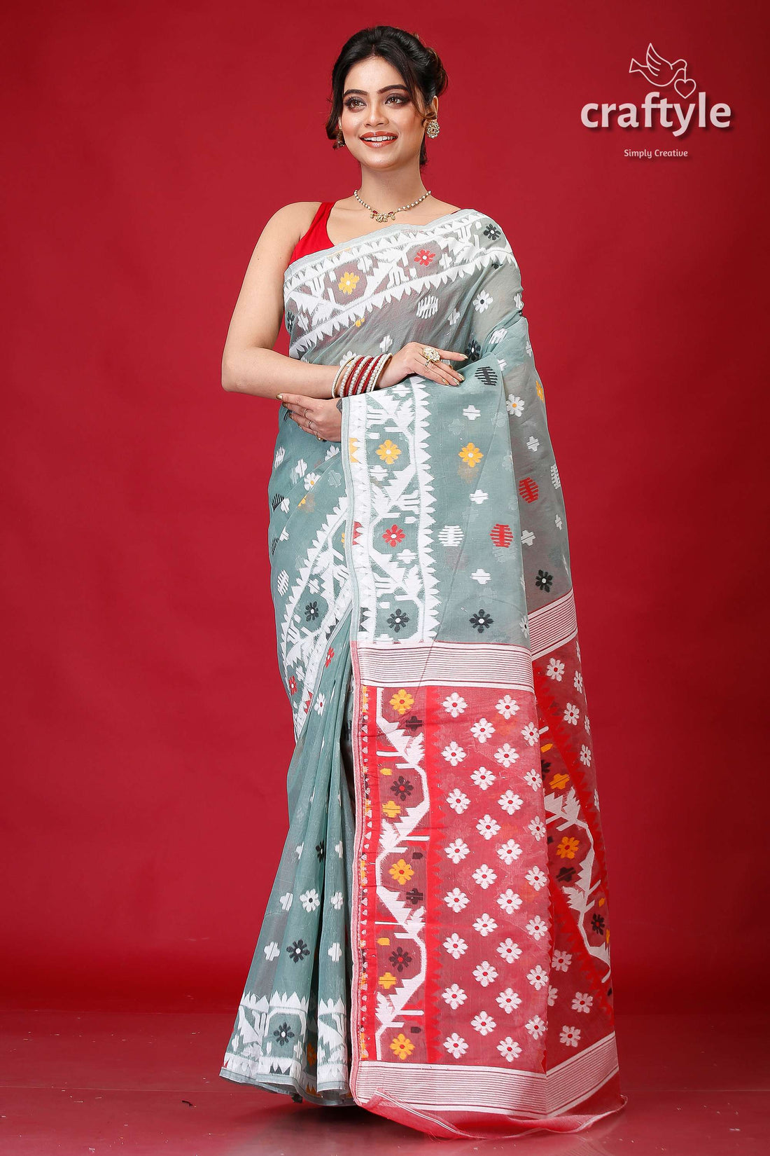 Shadow Green Bengal Jamdani Saree-Craftyle