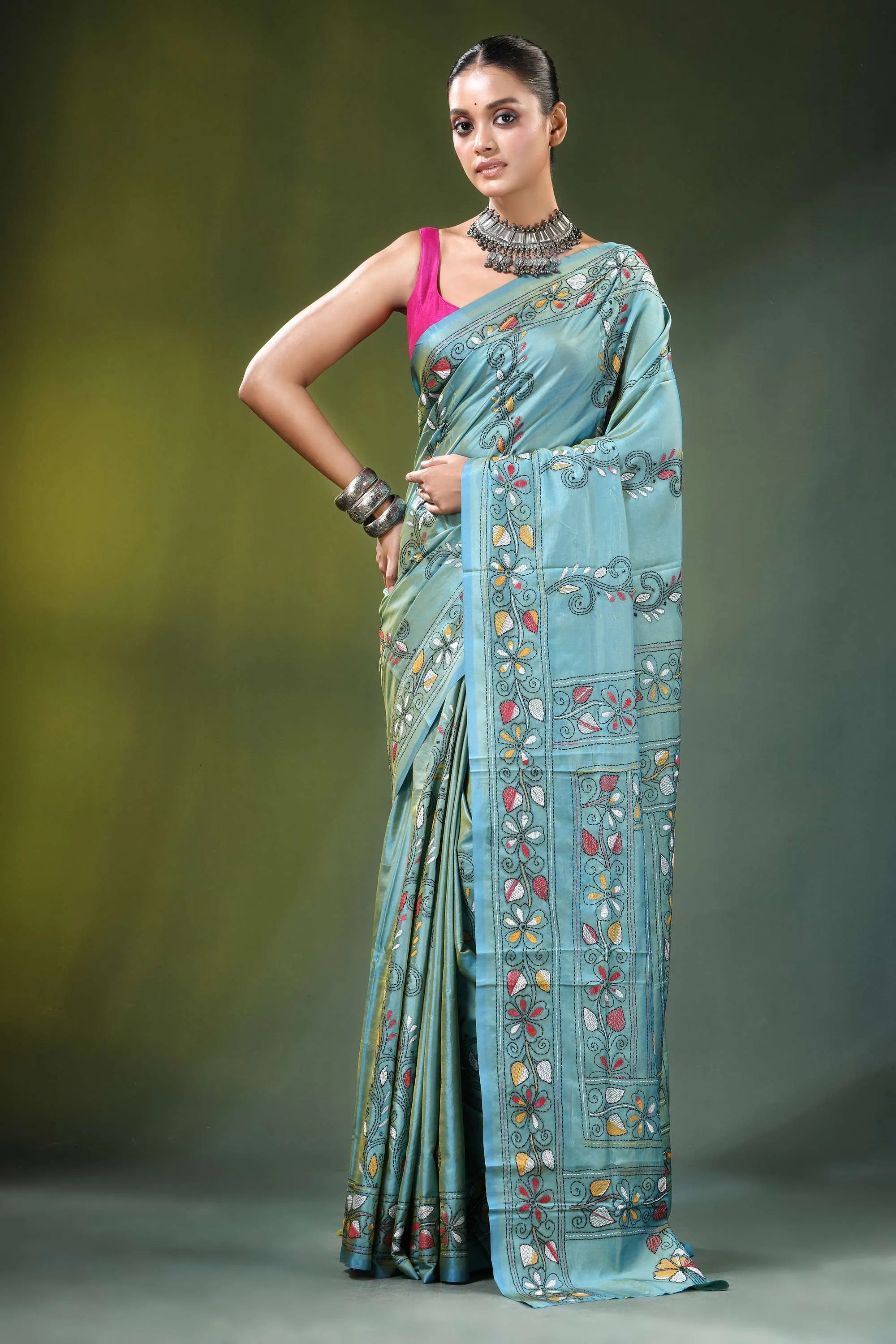 Shadow green swan motif kantha embroidery silk saree light blue adorned 6