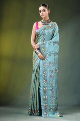 Shadow green swan motif kantha embroidery silk saree light blue adorned 1