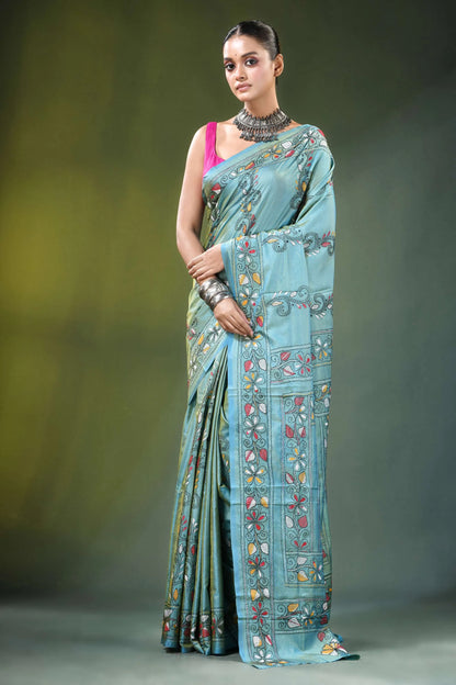 Shadow green swan motif kantha embroidery silk saree light blue adorned 1
