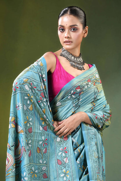 Shadow green swan motif kantha embroidery silk saree light blue intricate 2