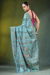 Shadow green swan motif kantha embroidery silk saree light blue adorned 5