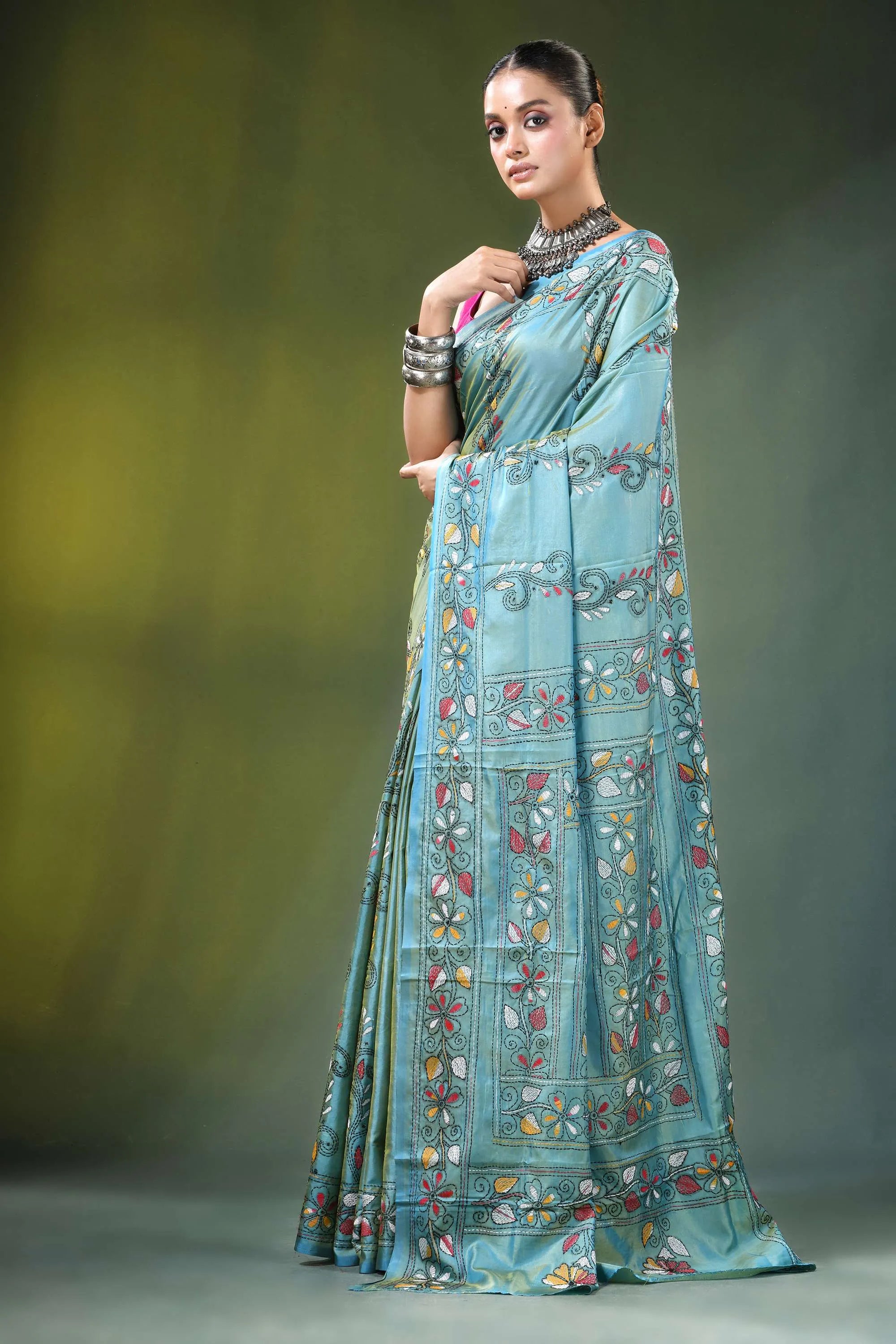 Shadow green swan motif kantha embroidery silk saree light blue adorned 3