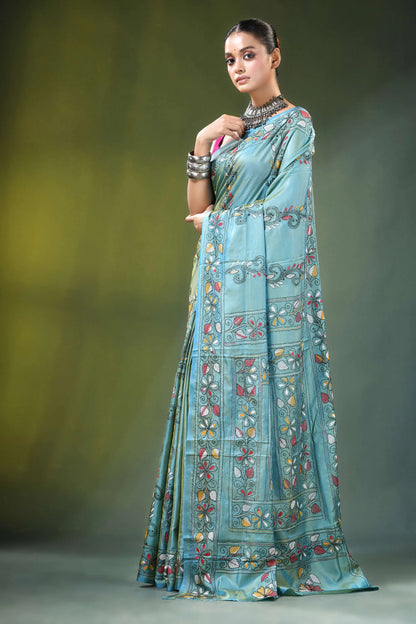 Shadow green swan motif kantha embroidery silk saree light blue adorned 3