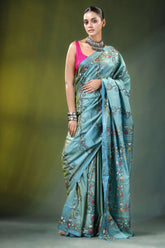 Shadow green swan motif kantha embroidery silk saree light blue intricate 4