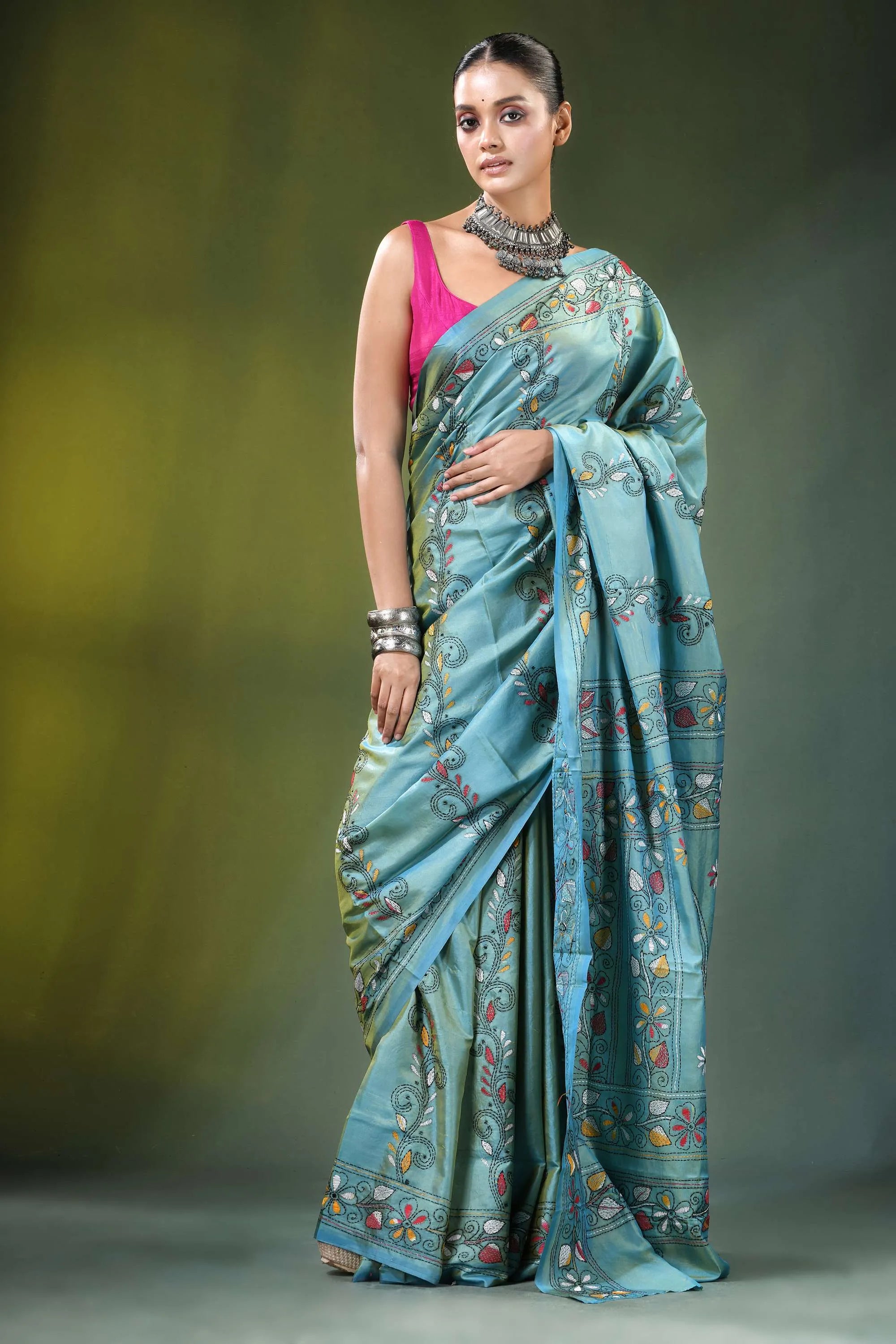 Shadow green swan motif kantha embroidery silk saree light blue intricate 4