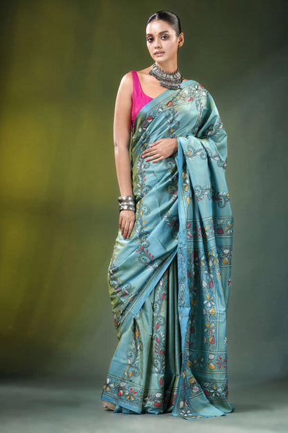 Shadow green swan motif kantha embroidery silk saree light blue intricate 4