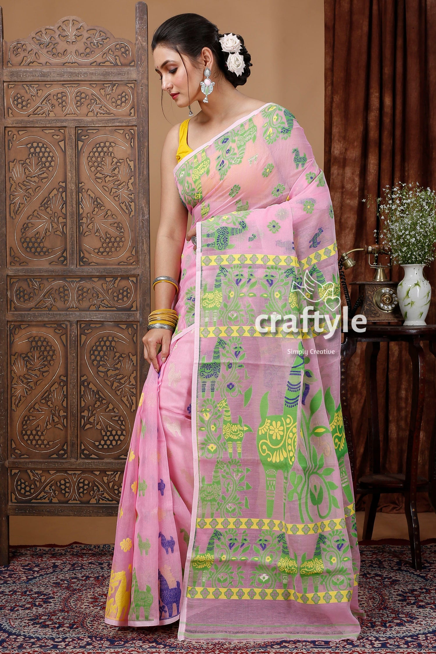 Shampoo Pink Soft Dhakai Jamdani Saree - Craftyle