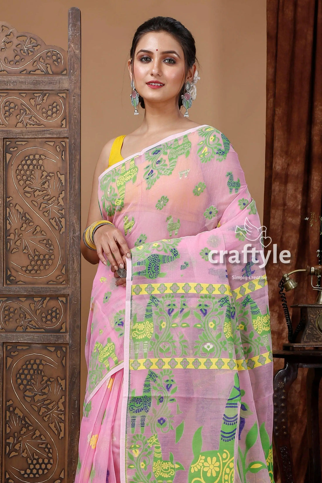 Shampoo pink soft dhakai jamdani saree pink cotton saree animal motifs 2