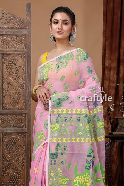Shampoo pink soft dhakai jamdani saree pink cotton saree animal motifs 2