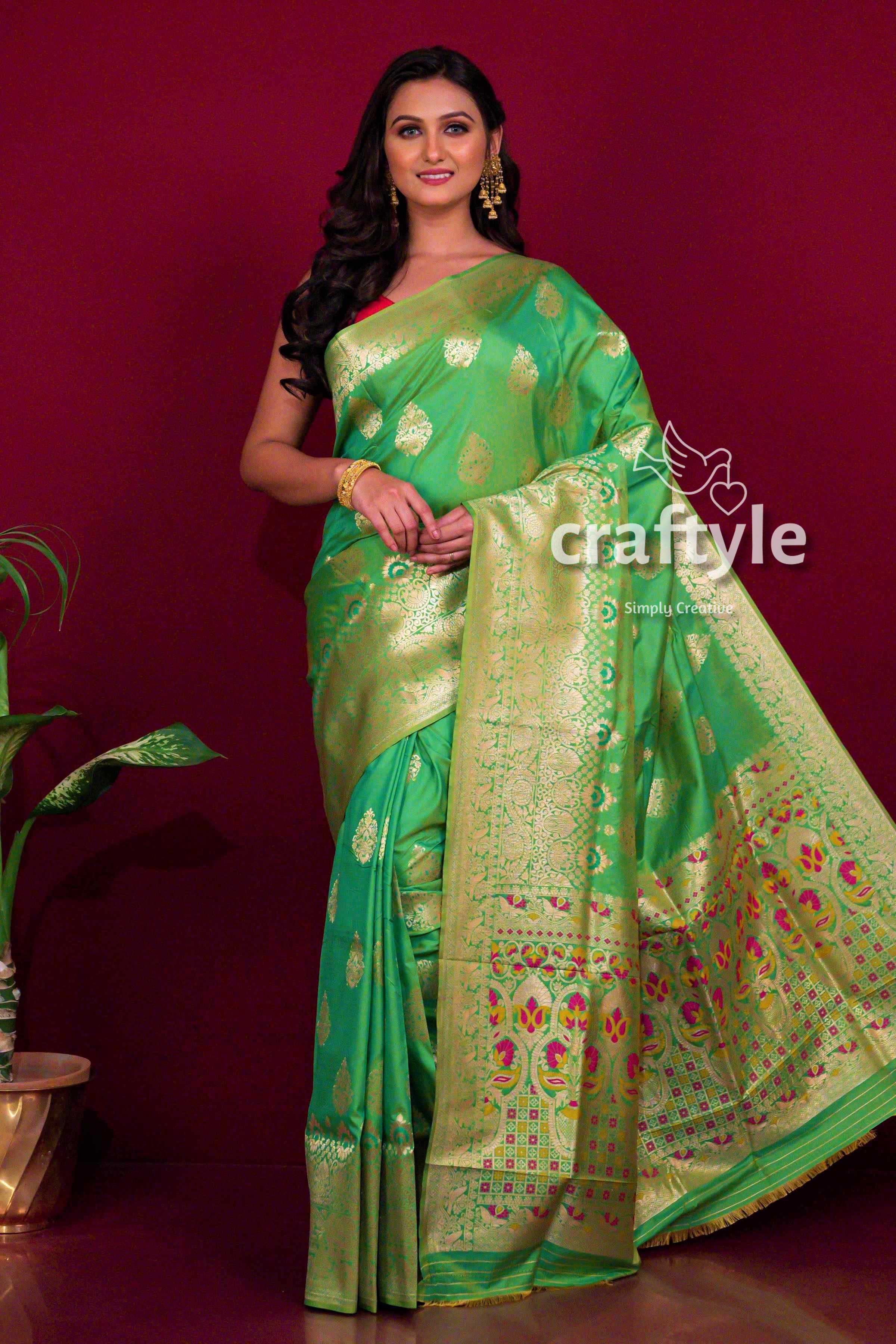Shamrock Green Dual Tone Katan Semi Silk Saree for Women - Craftyle