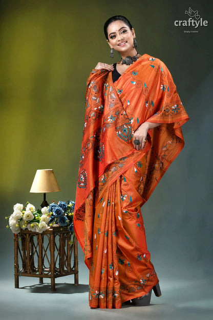 Shocking orange swan motif handcrafted silk kantha saree orange silk saree intricate embroidered 5