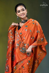 Shocking orange swan motif handcrafted silk kantha saree vibrant orange saree intricate blue 2