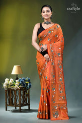 Shocking orange swan motif handcrafted silk kantha saree orange embroidered saree silver mirror 7