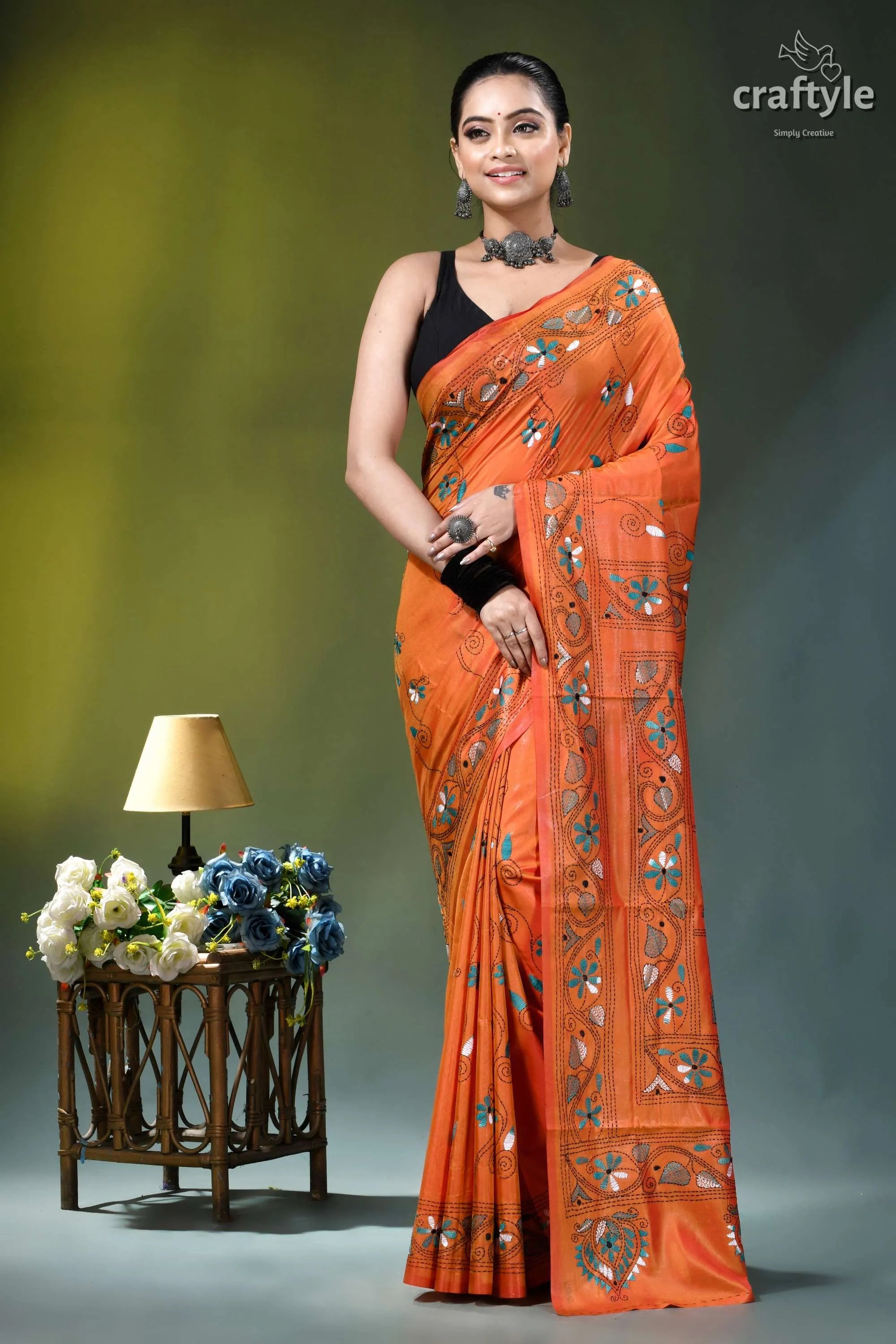 Shocking orange swan motif handcrafted silk kantha saree orange embroidered saree silver mirror 7